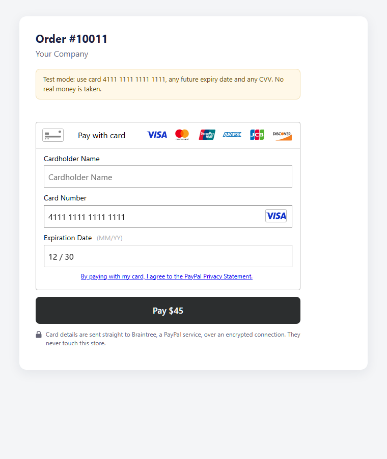 Braintree card form on the Shop-Script order page in test mode