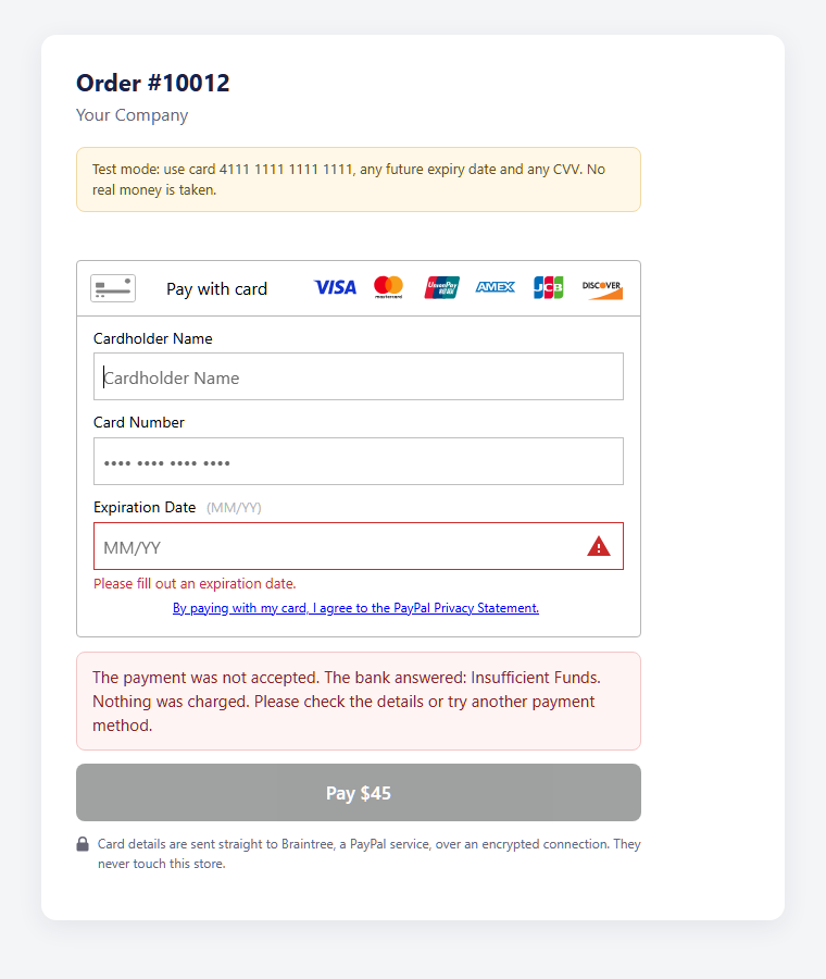 Declined payment message showing the reason given by the bank